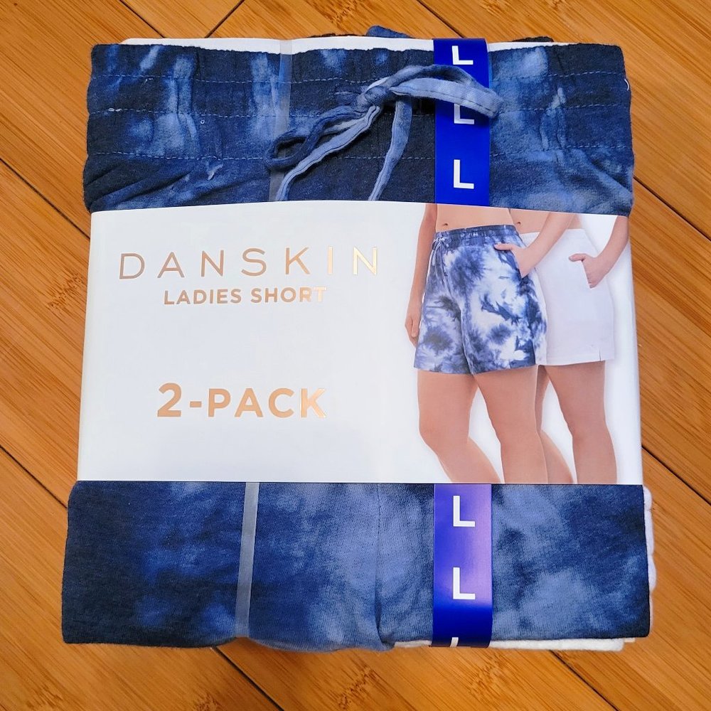 DANSKIN 2 Pack Blue & White Tie Died and Solid White Shorts Size L